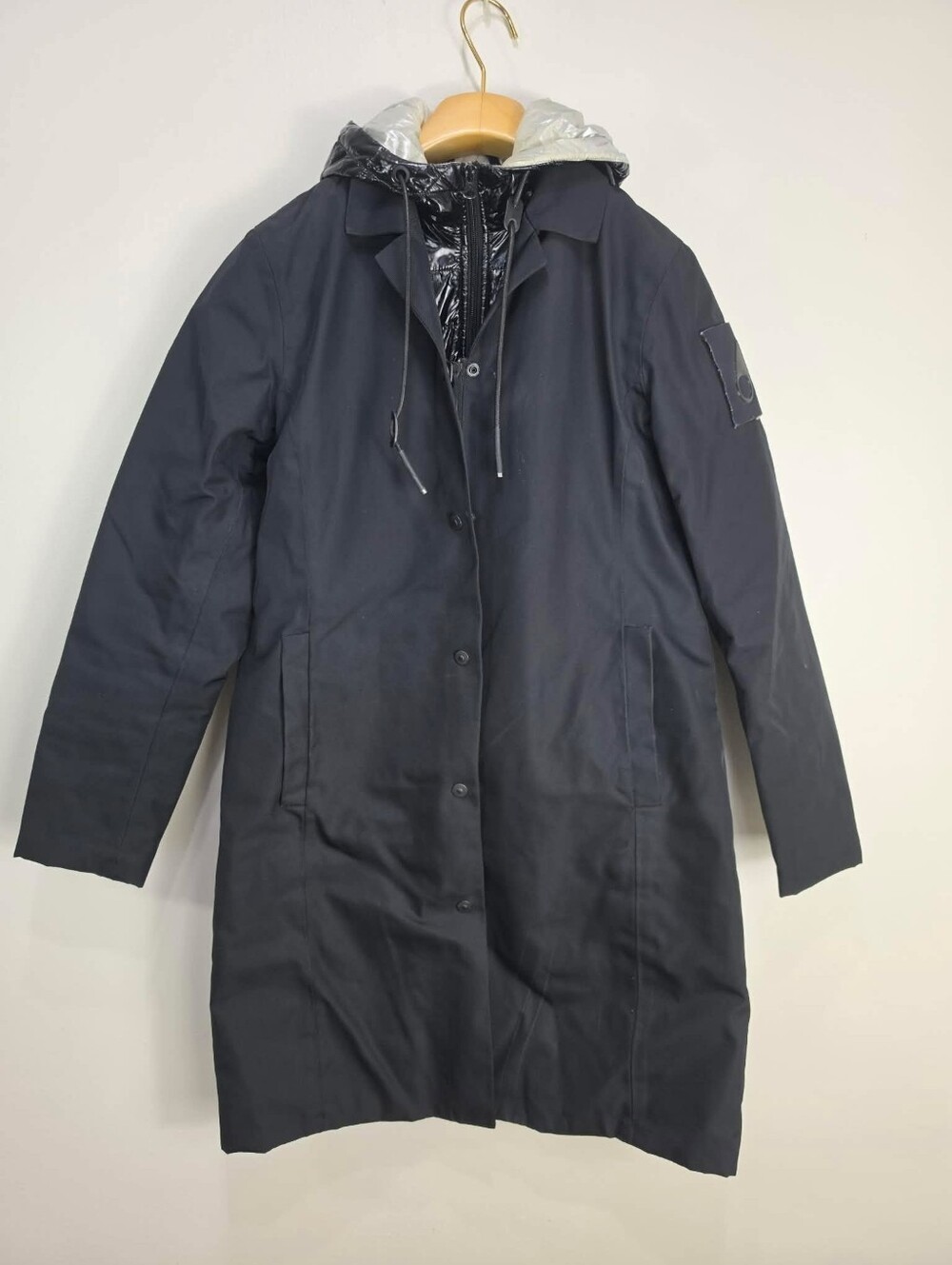 Moose Knuckles Women's Black Hooded Trench Coat with Quilted Inner Layer